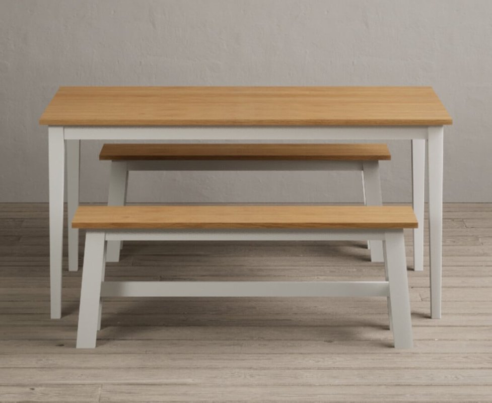 Photo of Kendal 150cm solid oak and signal white painted dining table with 2 white benches Photo of Kendal 150cm solid oak and signal white painted dining table with 2 white benches