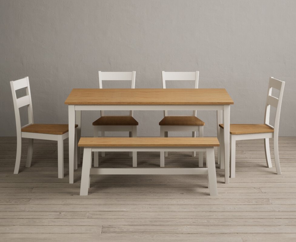 Photo 1 of Kendal 150cm solid oak and cream painted dining table with 2 light grey kendal chairs and 2 cream benches Photo 1 of Kendal 150cm solid oak and cream painted dining table with 2 light grey kendal chairs and 2 cream benches