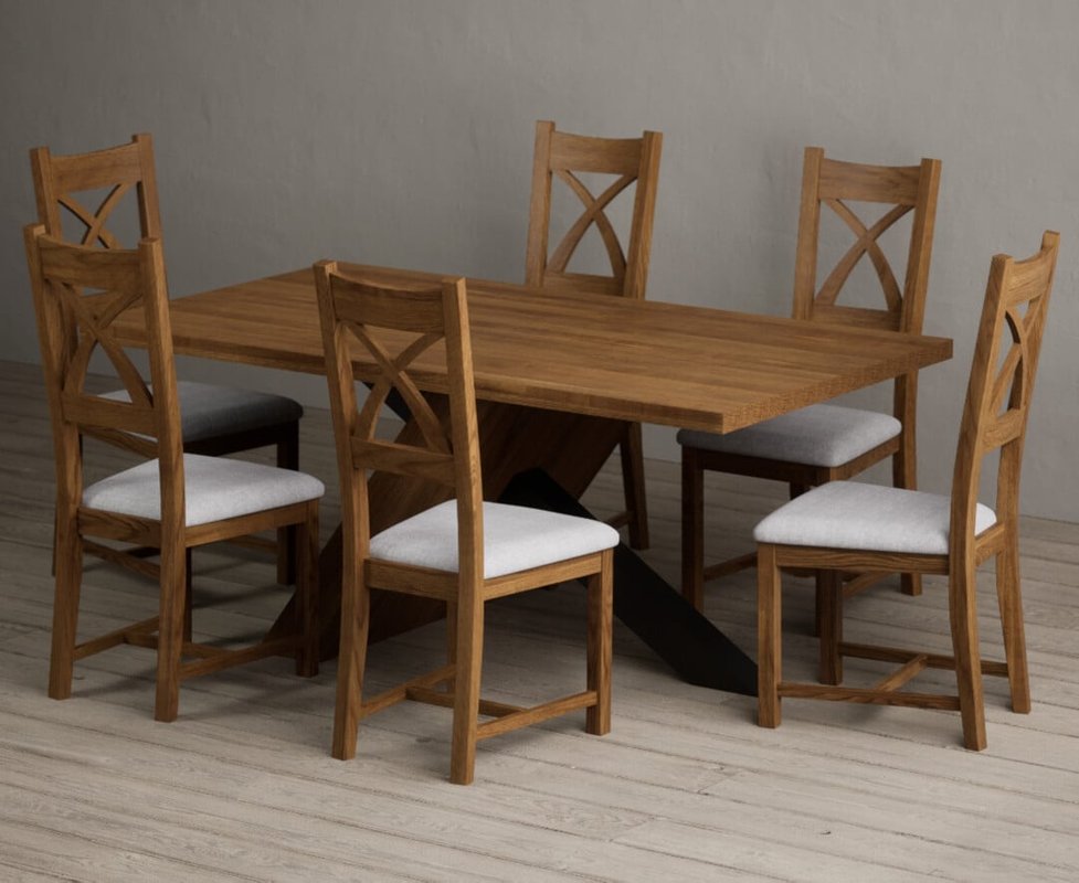 Photo of Michigan 180cm rustic oak and metal black leg industrial dining table with 6 blue rustic solid oak chairs Photo of Michigan 180cm rustic oak and metal black leg industrial dining table with 6 blue rustic solid oak chairs