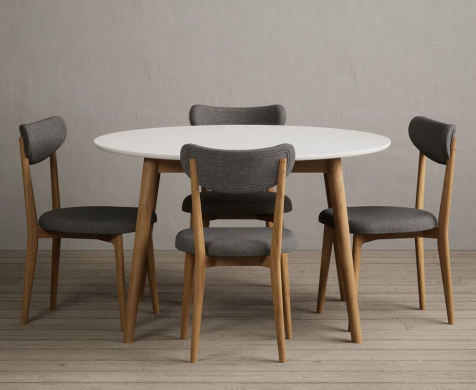 Photo of Nordic 120cm round solid oak and signal white painted dining table with 4 grey nordic chairs Photo of Nordic 120cm round solid oak and signal white painted dining table with 4 grey nordic chairs