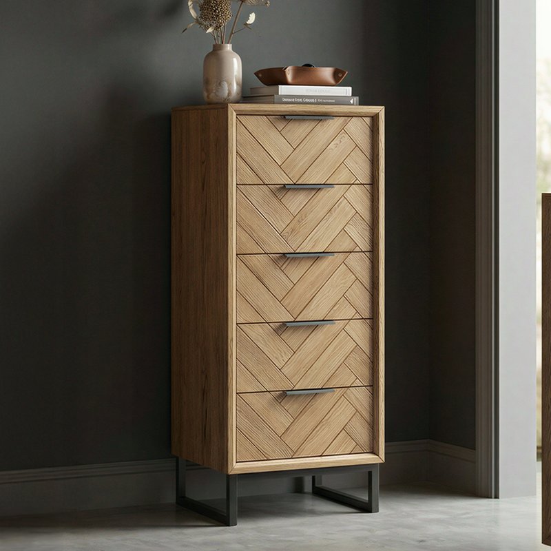 Photo of Herringbone solid oak 5 drawer tallboy chest Photo of Herringbone solid oak 5 drawer tallboy chest
