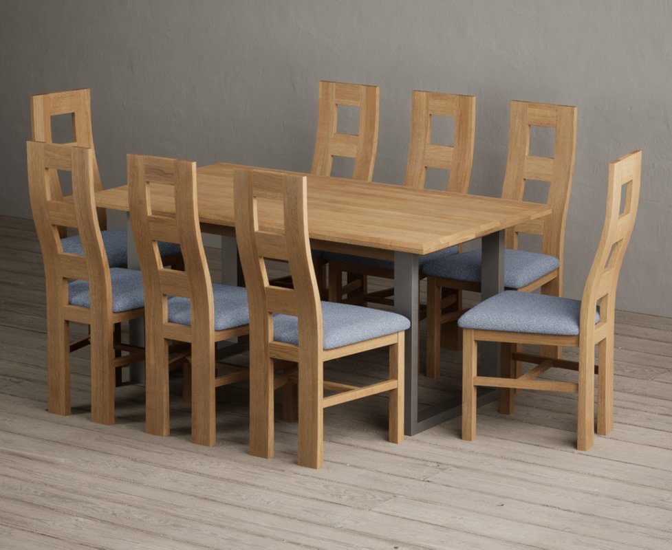 Photo 1 of Parker 160cm solid oak dining table with 8 blue natural chairs Photo 1 of Parker 160cm solid oak dining table with 8 blue natural chairs