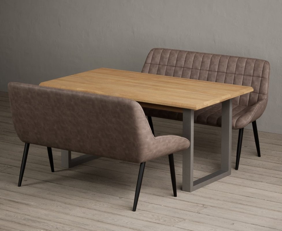 Photo of Parker 160cm solid oak dining table with 2 brown benches Photo of Parker 160cm solid oak dining table with 2 brown benches