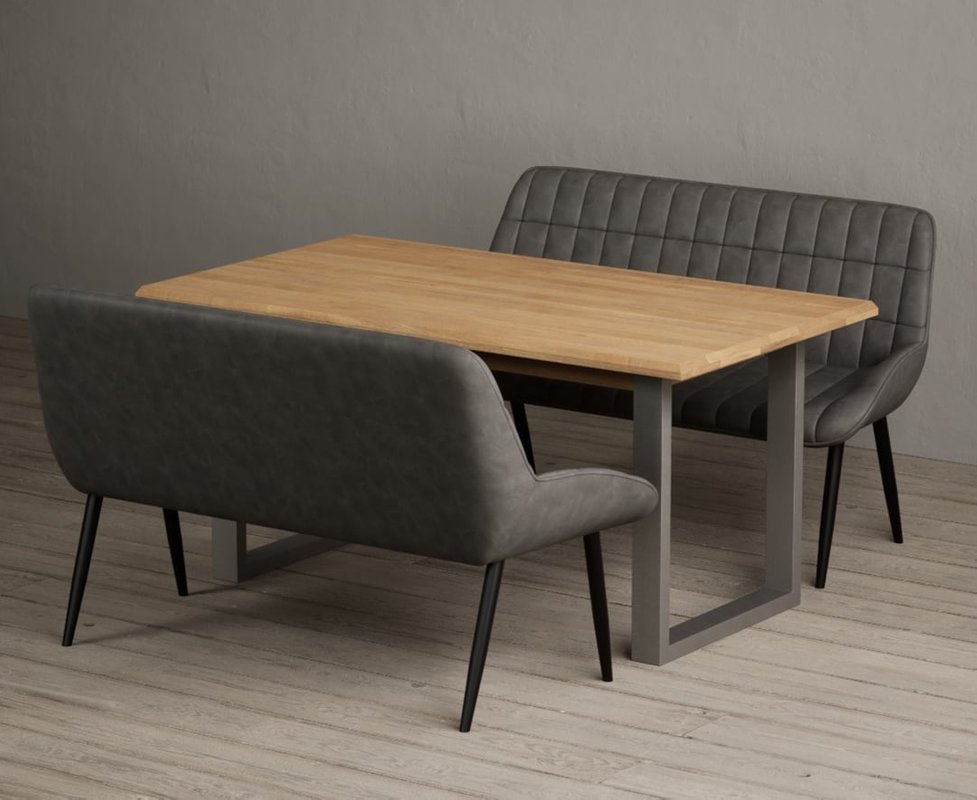Photo of Parker 160cm solid oak dining table with 2 grey benches Photo of Parker 160cm solid oak dining table with 2 grey benches
