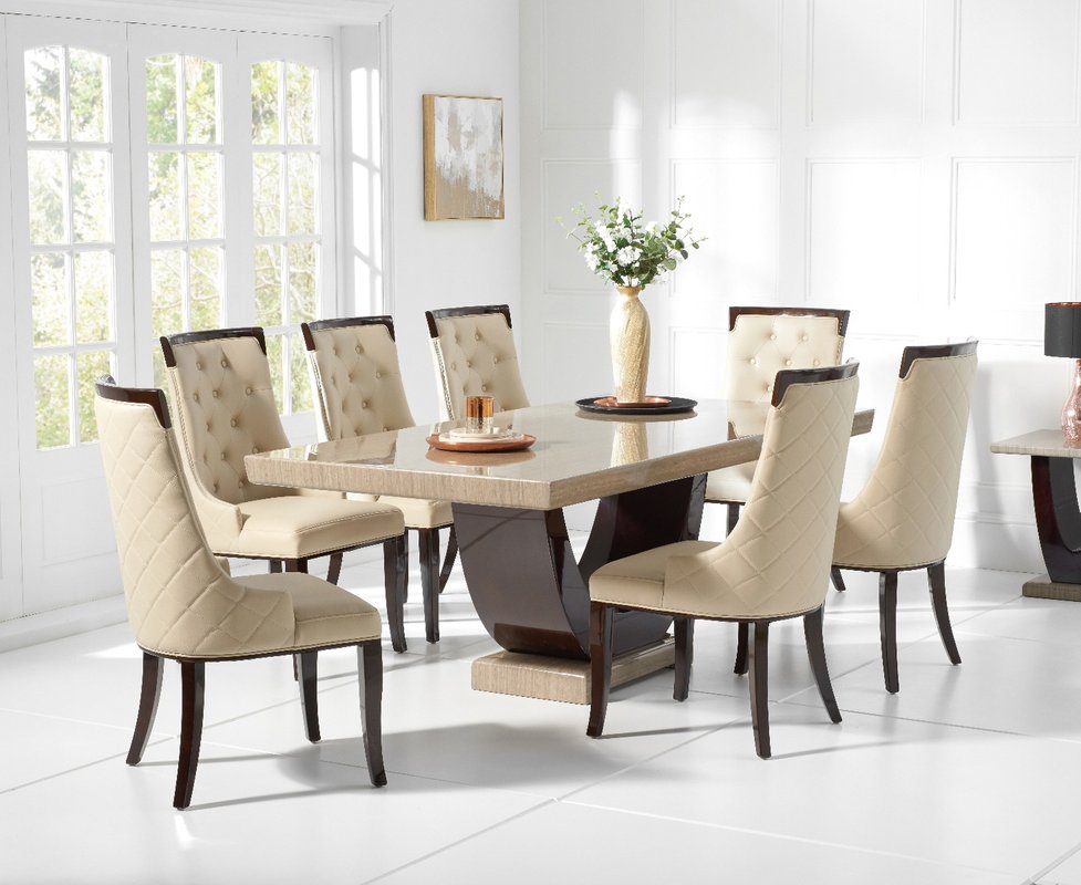 Photo of Novara 200cm brown pedestal marble dining table with 10 cream francesca chairs Photo of Novara 200cm brown pedestal marble dining table with 10 cream francesca chairs