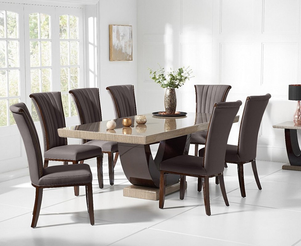 Photo of Novara 200cm brown pedestal marble dining table with 12 brown lorient chairs Photo of Novara 200cm brown pedestal marble dining table with 12 brown lorient chairs
