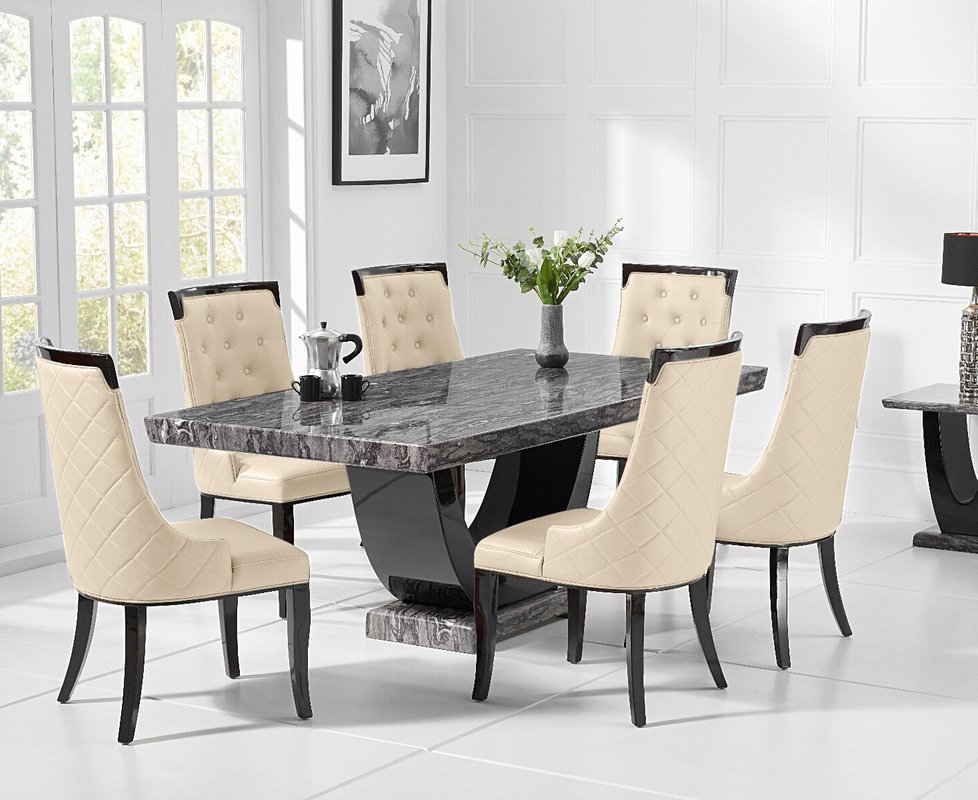 Photo of Novara 200cm dark grey pedestal marble dining table with 12 cream francesca chairs Photo of Novara 200cm dark grey pedestal marble dining table with 12 cream francesca chairs