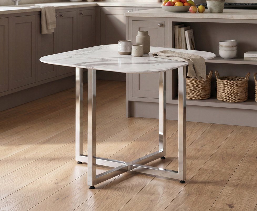 Photo 1 of Rhodes white marble effect ceramic dining table Photo 1 of Rhodes white marble effect ceramic dining table