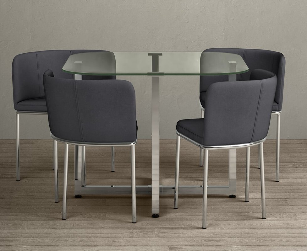 Photo of Rhodes clear glass dining table with 4 grey rhodes chairs Photo of Rhodes clear glass dining table with 4 grey rhodes chairs