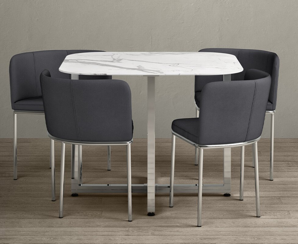 Photo of Rhodes white marble effect ceramic dining table with 4 grey rhodes chairs Photo of Rhodes white marble effect ceramic dining table with 4 grey rhodes chairs
