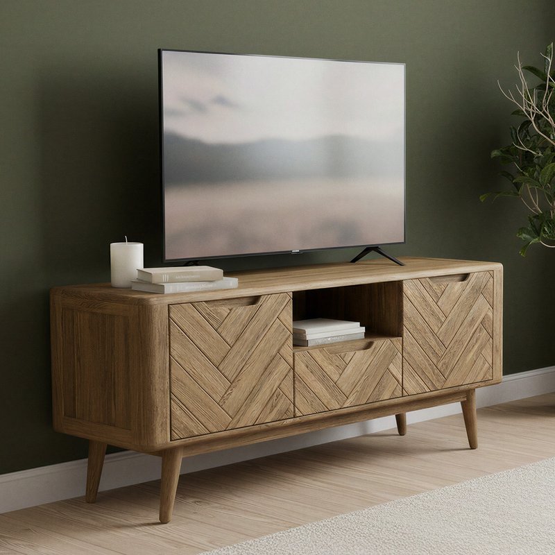 Photo 1 of Solid oak large tv cabinet | herringbone detail Photo 1 of Solid oak large tv cabinet | herringbone detail