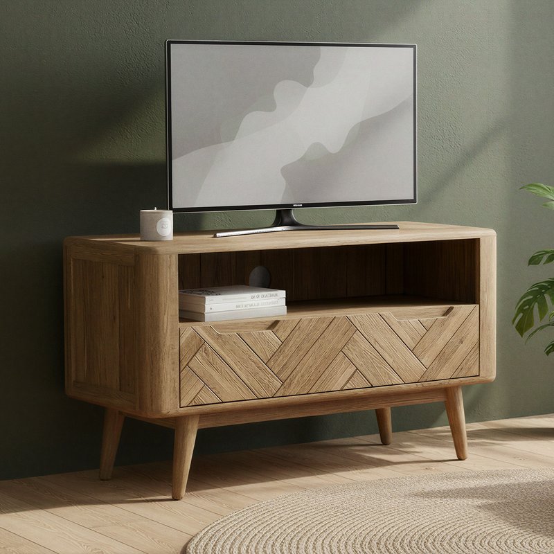 Photo 1 of Solid oak small tv cabinet | herringbone detail Photo 1 of Solid oak small tv cabinet | herringbone detail