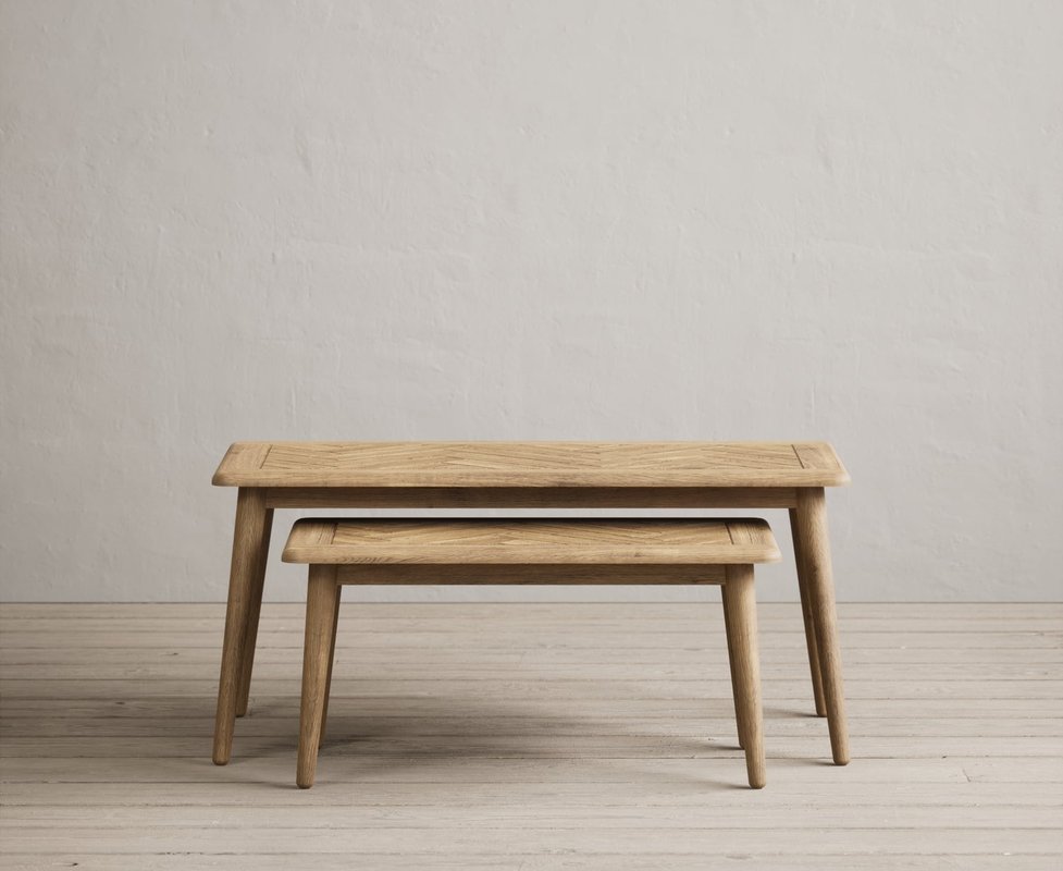 Photo of Solid oak nesting coffee tables | herringbone detail Photo of Solid oak nesting coffee tables | herringbone detail