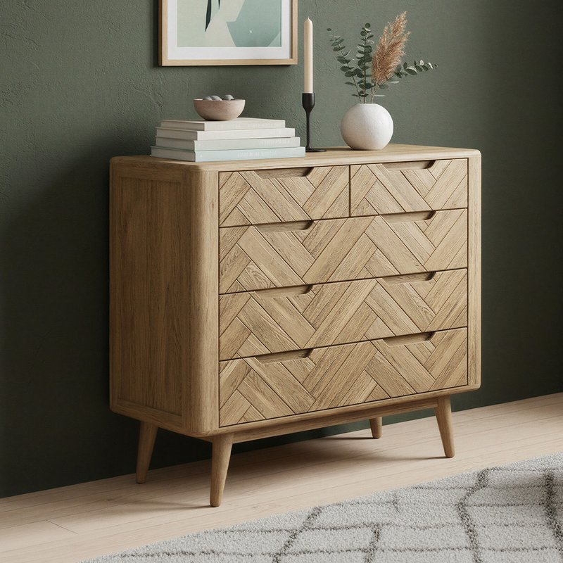 Photo 1 of Solid oak 2 over 3 chest of drawers | herringbone detail Photo 1 of Solid oak 2 over 3 chest of drawers | herringbone detail