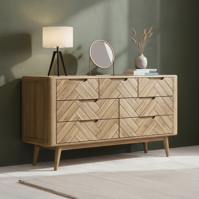 Photo 1 of Solid oak wide chest of drawers | herringbone detail Photo 1 of Solid oak wide chest of drawers | herringbone detail