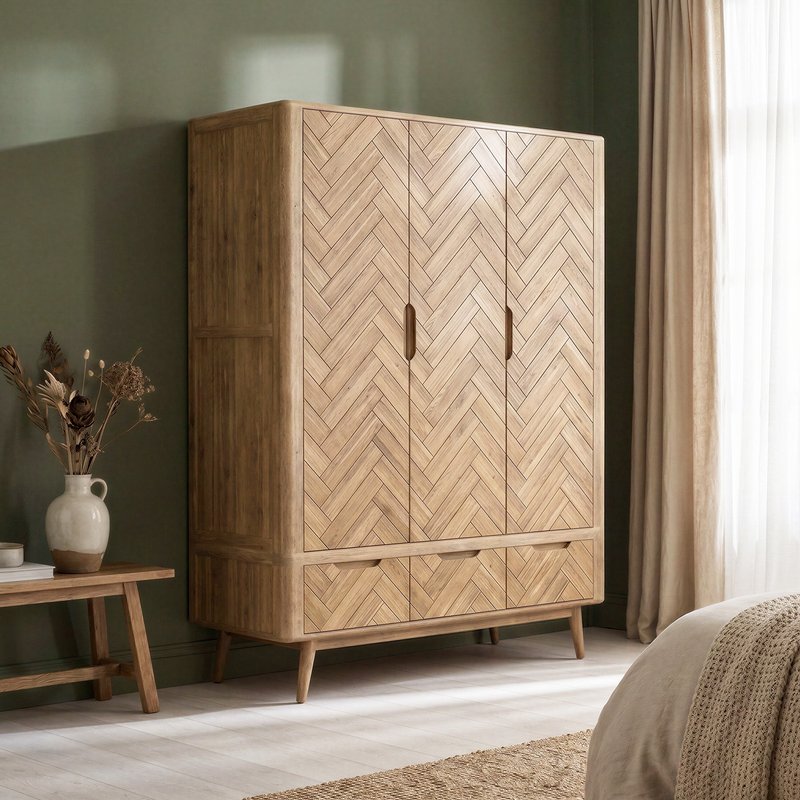 Photo 1 of Solid oak triple wardrobe | herringbone detail Photo 1 of Solid oak triple wardrobe | herringbone detail