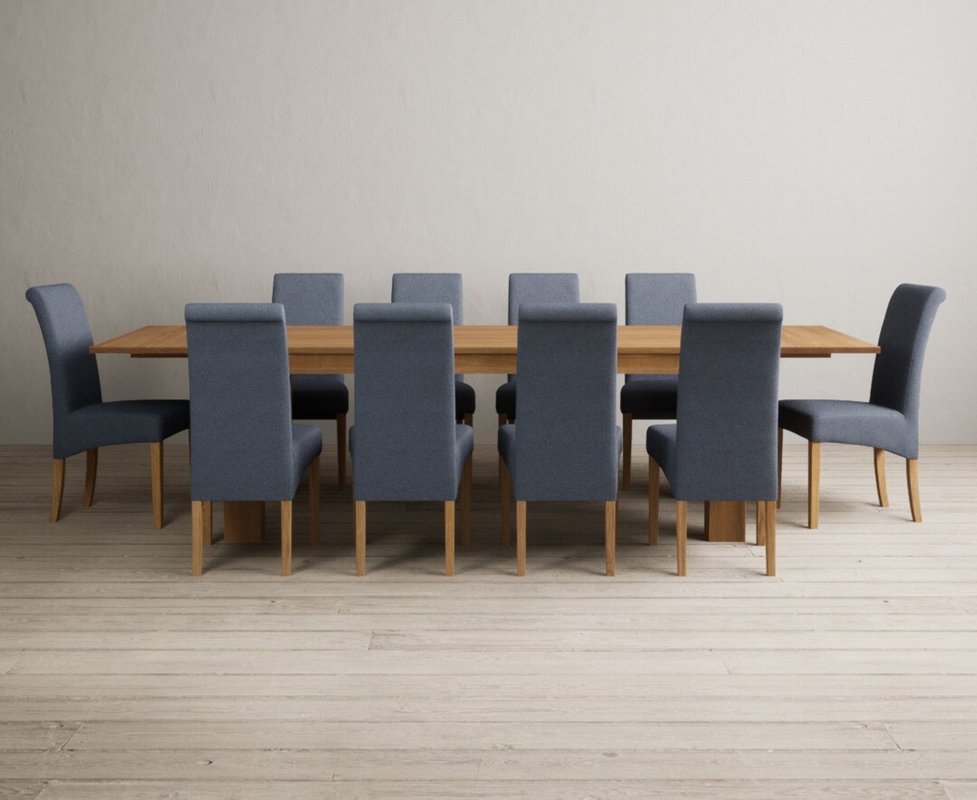 Photo 1 of Extending sheringham 200cm solid oak table with 10 blue scroll back chairs Photo 1 of Extending sheringham 200cm solid oak table with 10 blue scroll back chairs