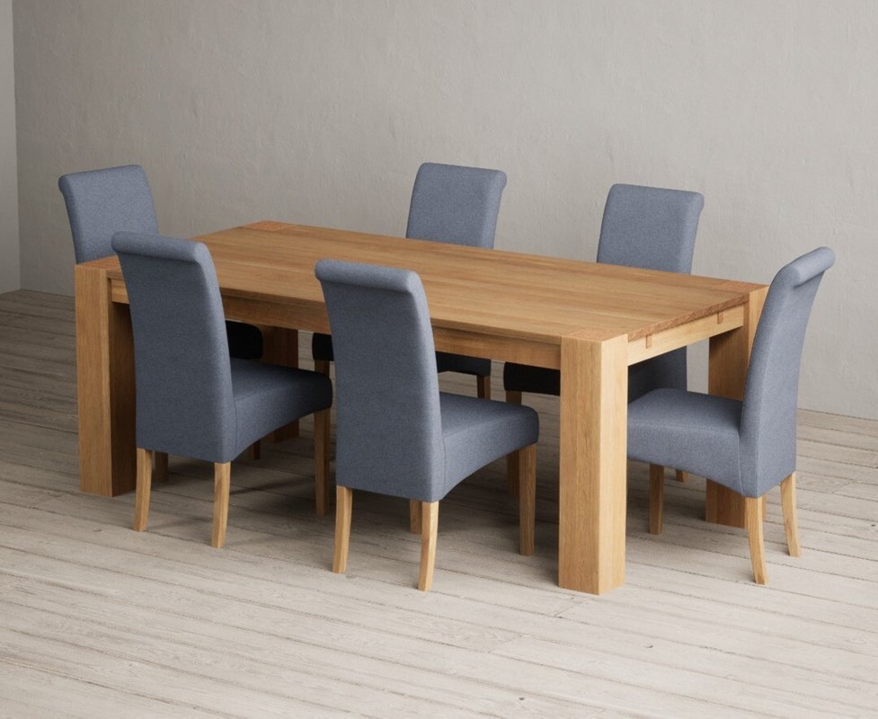 Photo 1 of Sheringham 200cm solid oak dining table with 6 blue scroll back chairs Photo 1 of Sheringham 200cm solid oak dining table with 6 blue scroll back chairs