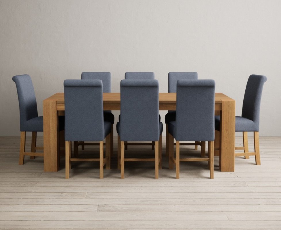 Photo 1 of Sheringham 200cm solid oak dining table with 8 blue braced chairs Photo 1 of Sheringham 200cm solid oak dining table with 8 blue braced chairs