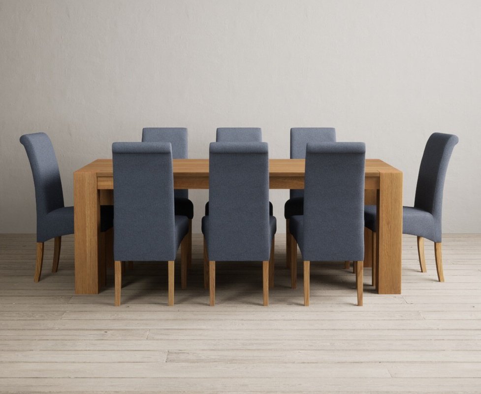 Photo 1 of Sheringham 200cm solid oak dining table with 8 blue scroll back chairs Photo 1 of Sheringham 200cm solid oak dining table with 8 blue scroll back chairs