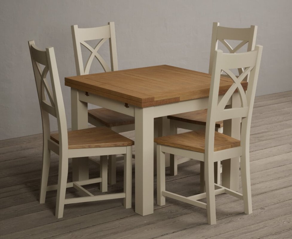 Photo of Extending buxton 90cm oak and cream painted dining table with 6 blue painted chairs Photo of Extending buxton 90cm oak and cream painted dining table with 6 blue painted chairs