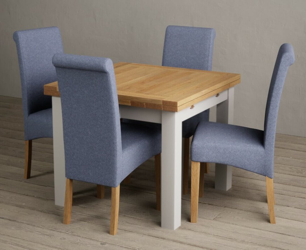 Photo of Extending buxton 90cm oak and soft white painted dining table with 4 grey scroll back chairs Photo of Extending buxton 90cm oak and soft white painted dining table with 4 grey scroll back chairs