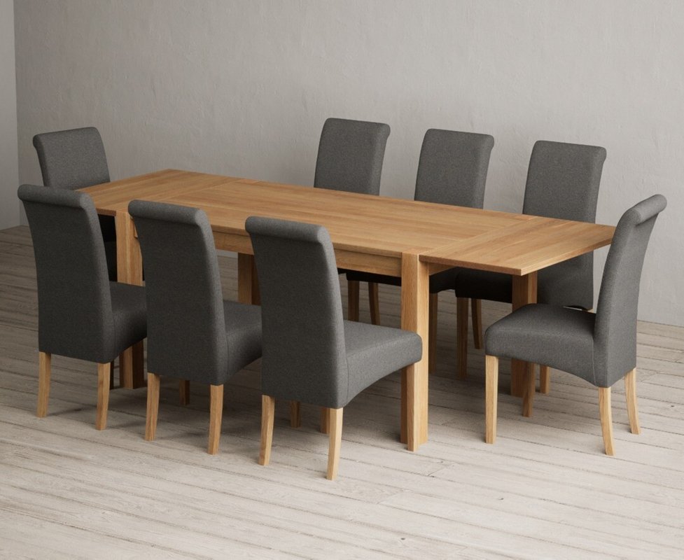 Photo 1 of Extending thetford 150cm solid oak dining table with 8 charcoal grey scroll back chairs Photo 1 of Extending thetford 150cm solid oak dining table with 8 charcoal grey scroll back chairs