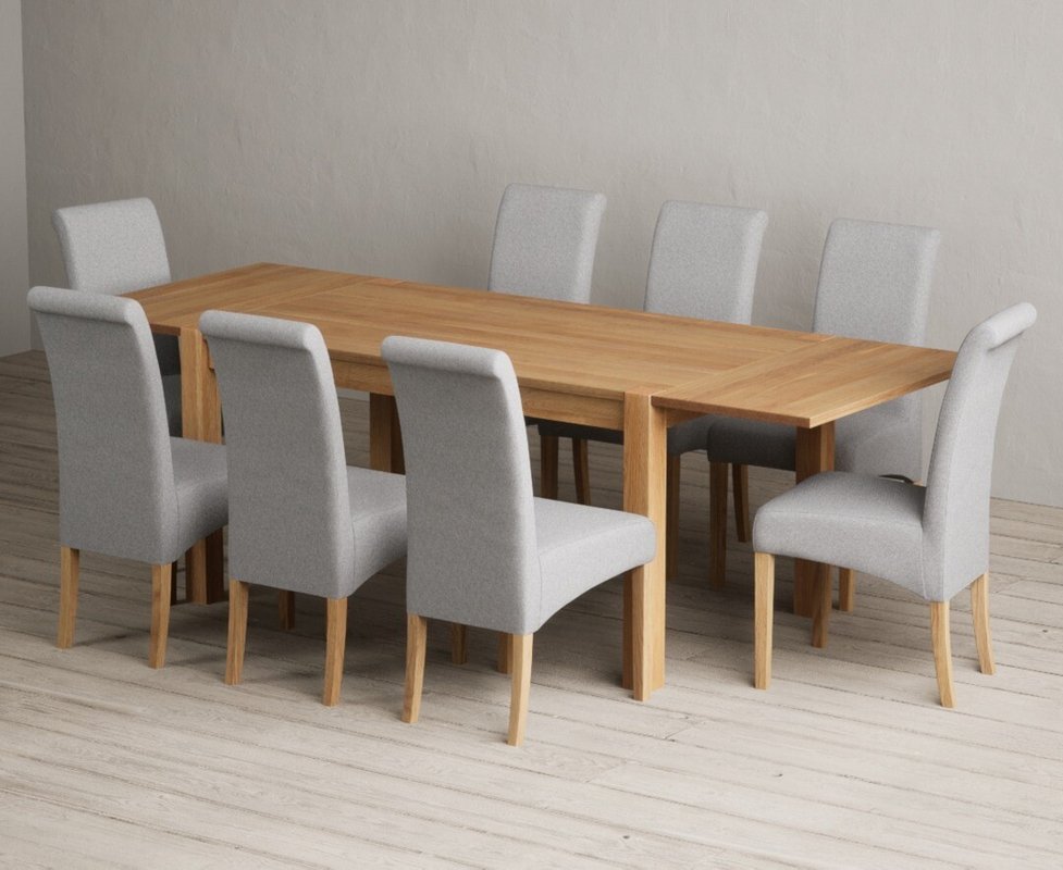 Photo 1 of Extending thetford 150cm solid oak dining table with 8 grey scroll back chairs Photo 1 of Extending thetford 150cm solid oak dining table with 8 grey scroll back chairs