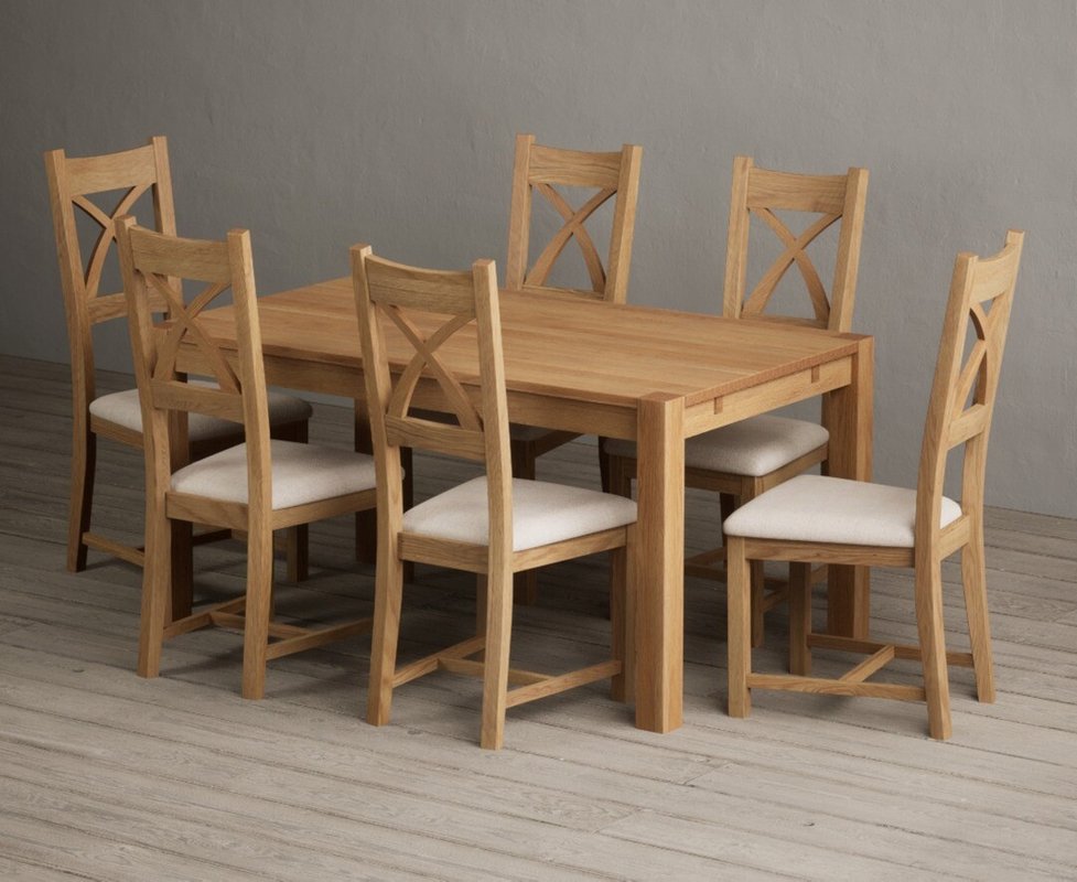 Photo 1 of Thetford 150cm solid oak dining table with 6 linen natural solid oak chairs Photo 1 of Thetford 150cm solid oak dining table with 6 linen natural solid oak chairs