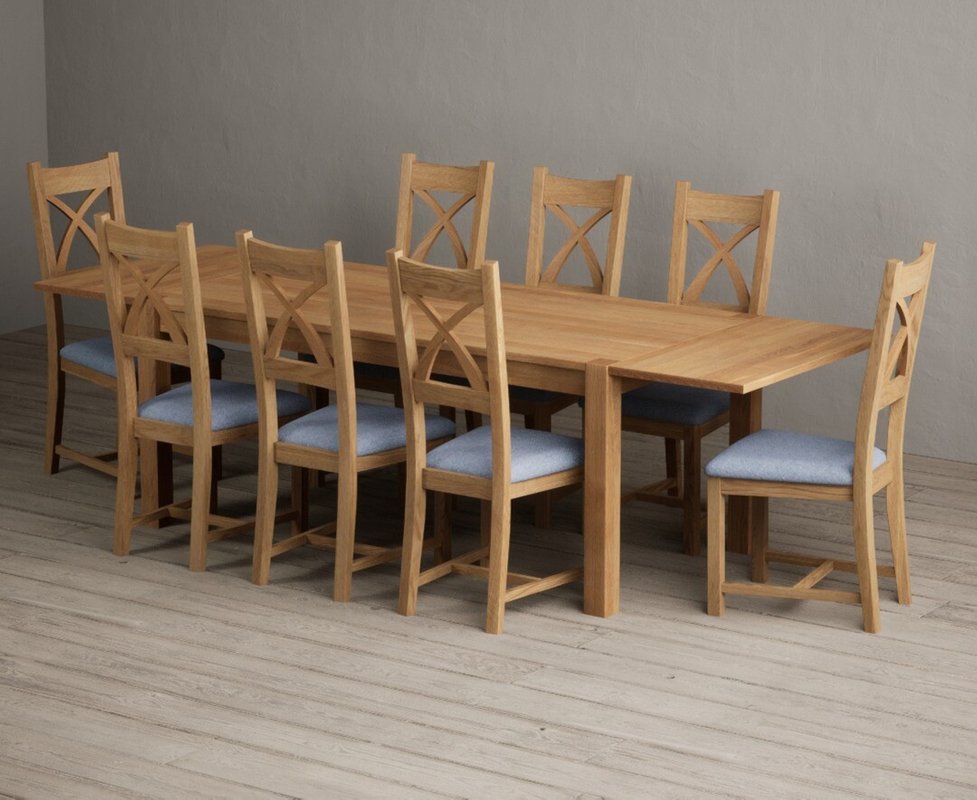 Photo 1 of Extending thetford 180cm solid oak dining table with 8 blue natural solid oak chairs Photo 1 of Extending thetford 180cm solid oak dining table with 8 blue natural solid oak chairs