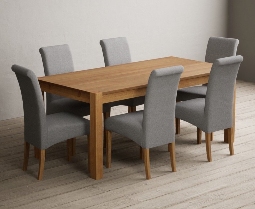 Photo 1 of Extending thetford 180cm solid oak dining table with 6 grey scroll back chairs Photo 1 of Extending thetford 180cm solid oak dining table with 6 grey scroll back chairs