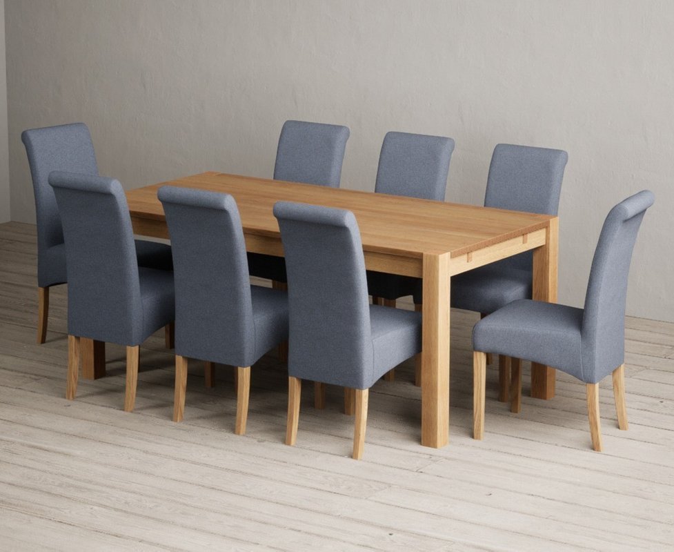 Photo 1 of Thetford 180cm solid oak dining table with 8 blue scroll back chairs Photo 1 of Thetford 180cm solid oak dining table with 8 blue scroll back chairs