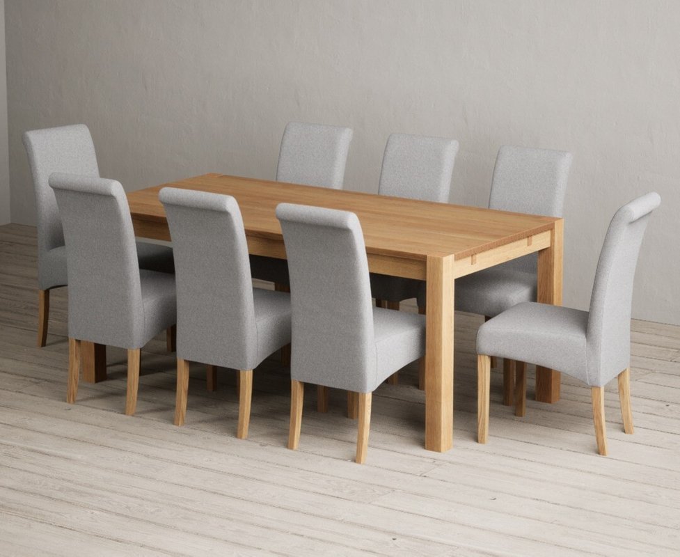 Photo 1 of Thetford 180cm solid oak dining table with 8 grey scroll back chairs Photo 1 of Thetford 180cm solid oak dining table with 8 grey scroll back chairs