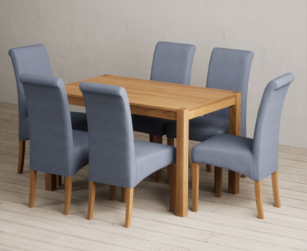 Photo 1 of York 120cm solid oak dining table with 4 blue scroll back chairs Photo 1 of York 120cm solid oak dining table with 4 blue scroll back chairs