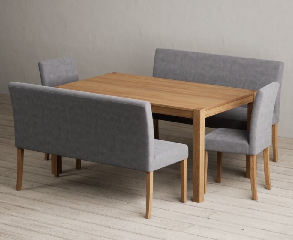 Photo of York 150cm solid oak dining table with 4 grey lila chairs with 2 grey benches Photo of York 150cm solid oak dining table with 4 grey lila chairs with 2 grey benches