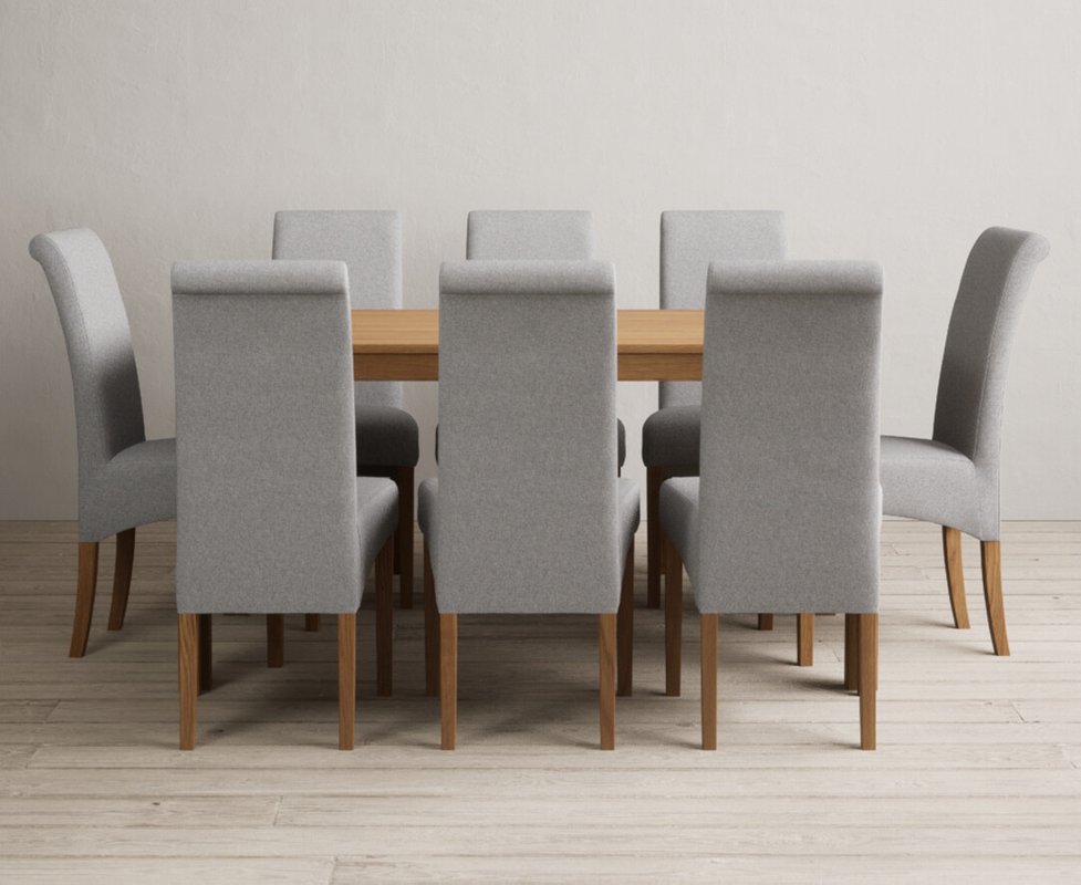 Photo 1 of York 150cm solid oak dining table with 8 grey scroll back chairs Photo 1 of York 150cm solid oak dining table with 8 grey scroll back chairs