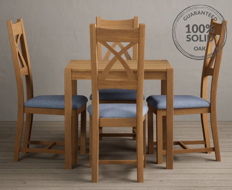Photo 1 of York 80cm solid oak dining table with 2 blue natural solid oak chairs Photo 1 of York 80cm solid oak dining table with 2 blue natural solid oak chairs