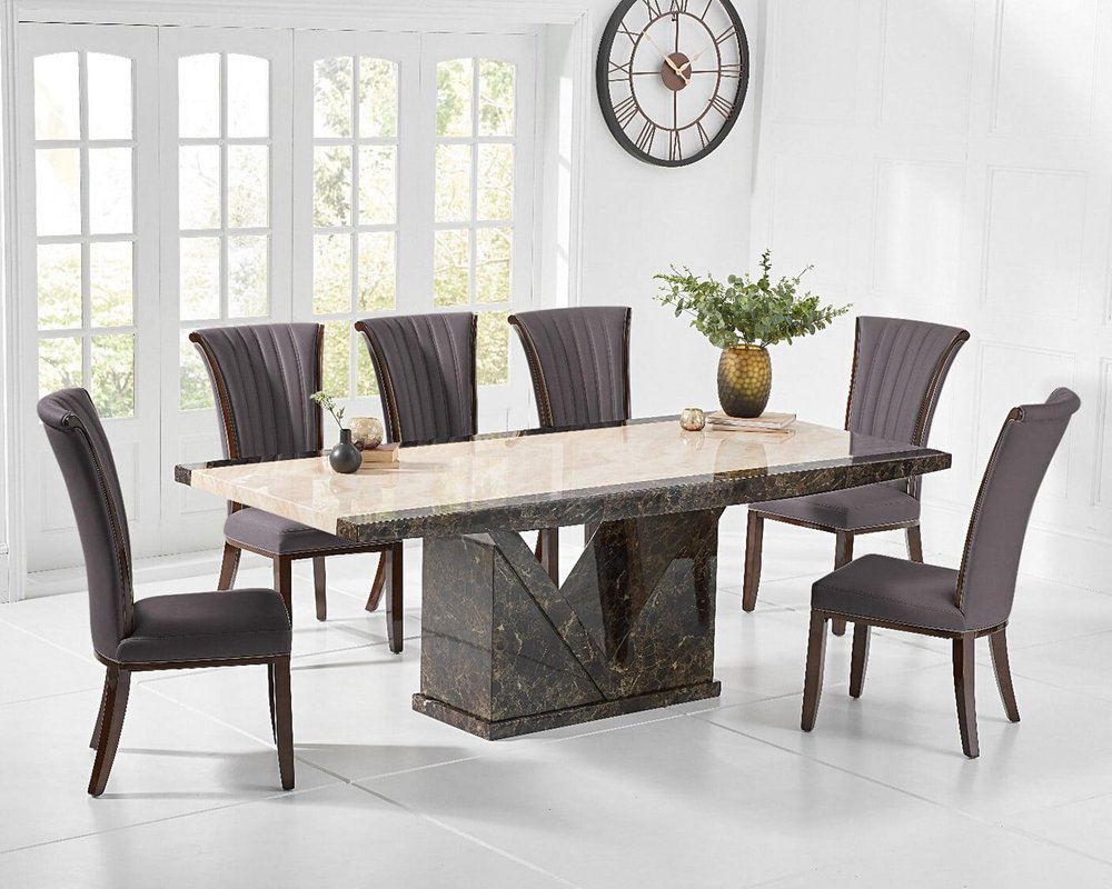 Photo of Tenore 180cm marble dining table with 6 brown lorient chairs Photo of Tenore 180cm marble dining table with 6 brown lorient chairs