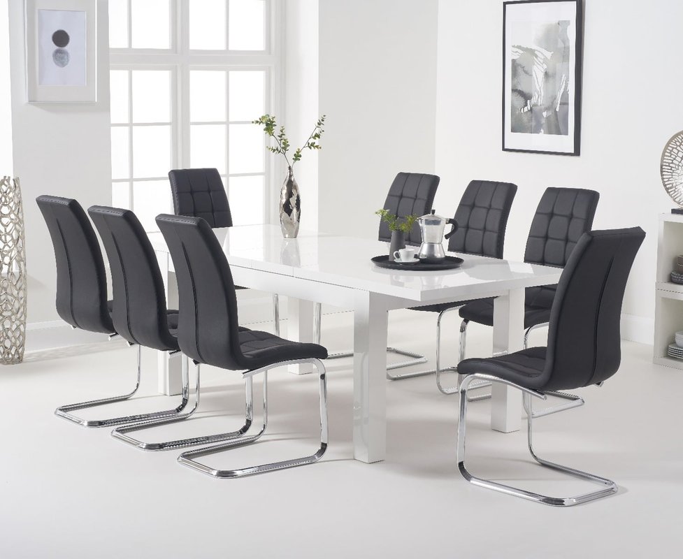 Photo of Extending seattle 160cm white high gloss dining table with 10 white vigo chairs Photo of Extending seattle 160cm white high gloss dining table with 10 white vigo chairs