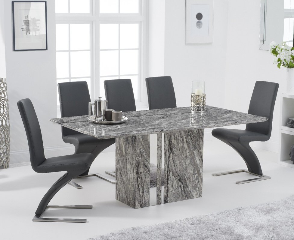 Photo of Alicia 180cm grey marble dining table with 4 white aldo chairs Photo of Alicia 180cm grey marble dining table with 4 white aldo chairs