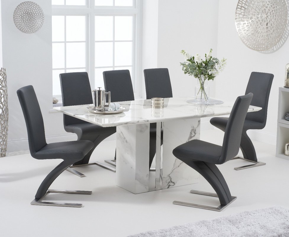 Photo of Alicia 180cm white marble dining table with 4 grey aldo chairs Photo of Alicia 180cm white marble dining table with 4 grey aldo chairs