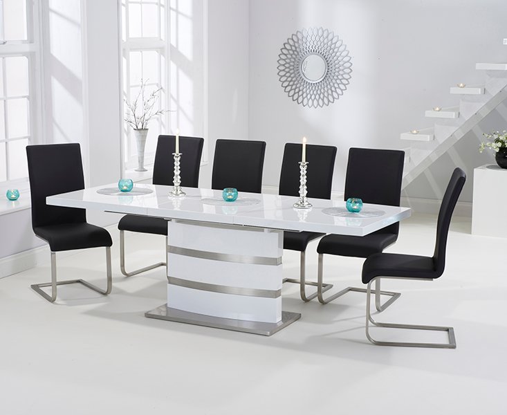 Photo of Extending vicenza 160cm white high gloss dining table with 6 white austin chairs Photo of Extending vicenza 160cm white high gloss dining table with 6 white austin chairs