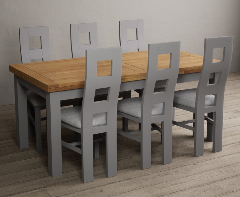 Photo of Extending buxton 180cm oak and light grey painted dining table with 10 charcoal grey painted chairs Photo of Extending buxton 180cm oak and light grey painted dining table with 10 charcoal grey painted chairs