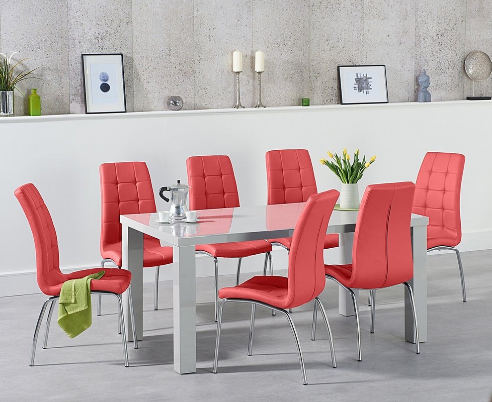 Photo of Seattle 160cm light grey high gloss dining table with 8 red enzo chairs Photo of Seattle 160cm light grey high gloss dining table with 8 red enzo chairs