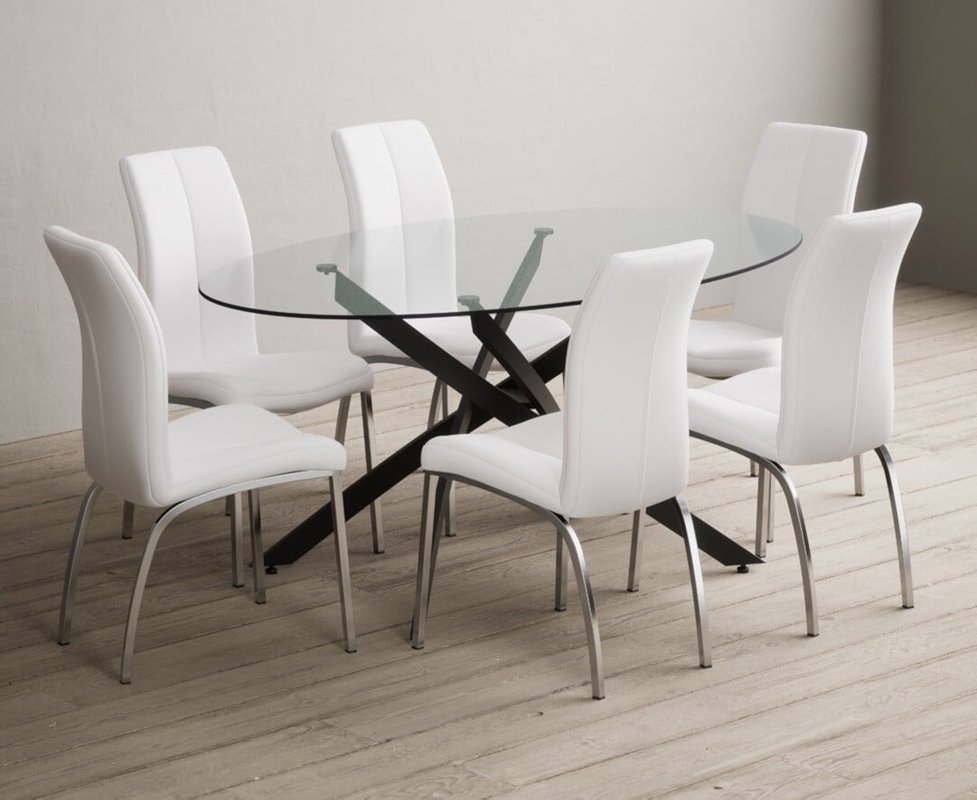 Photo of Bernini 165cm black leg oval glass dining table with 6 grey marco chairs Photo of Bernini 165cm black leg oval glass dining table with 6 grey marco chairs