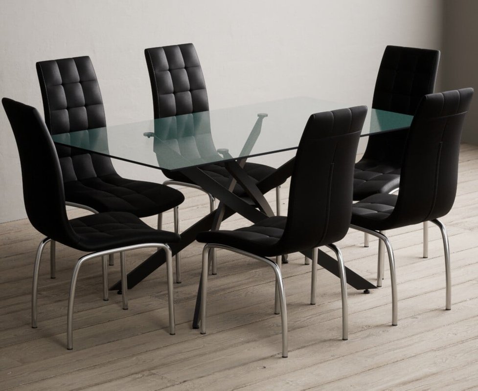 Photo of Bernini 160cm black leg rectangular glass dining table with 4 grey enzo chairs Photo of Bernini 160cm black leg rectangular glass dining table with 4 grey enzo chairs