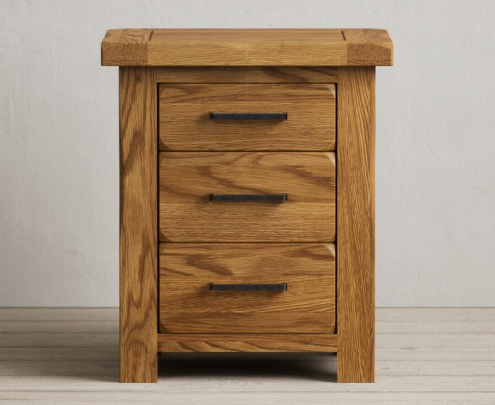 Photo of Harrogate rustic solid oak 3 drawer bedside table Photo of Harrogate rustic solid oak 3 drawer bedside table