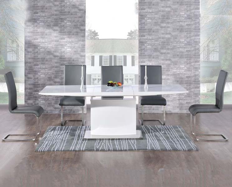 Photo of Extending alessio 160cm white high gloss dining table with 8 black austin chairs Photo of Extending alessio 160cm white high gloss dining table with 8 black austin chairs
