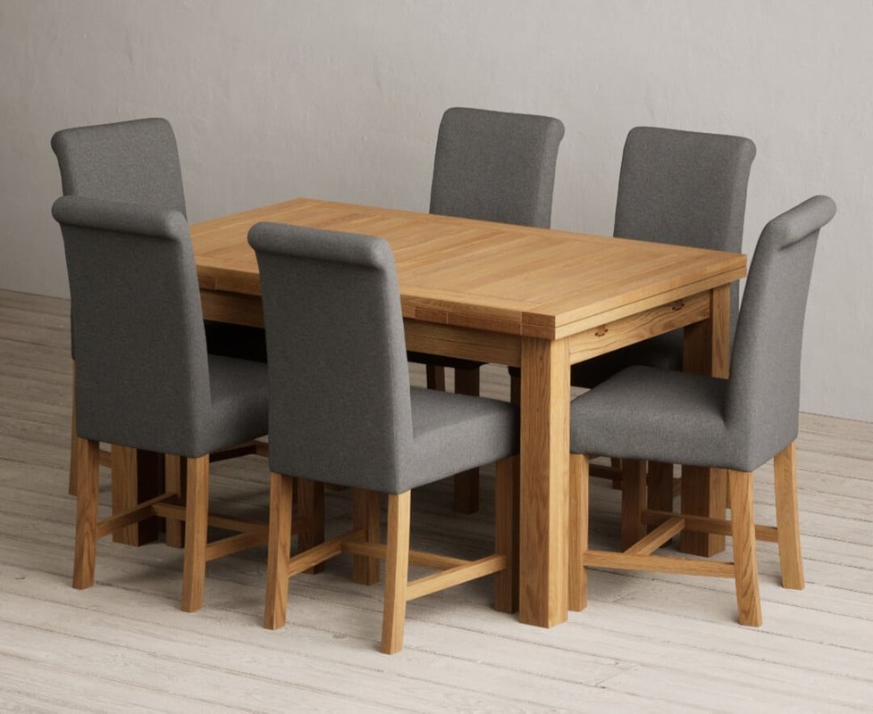 Photo of Extending buxton 140cm solid oak dining table with 6 grey scroll back chairs Photo of Extending buxton 140cm solid oak dining table with 6 grey scroll back chairs