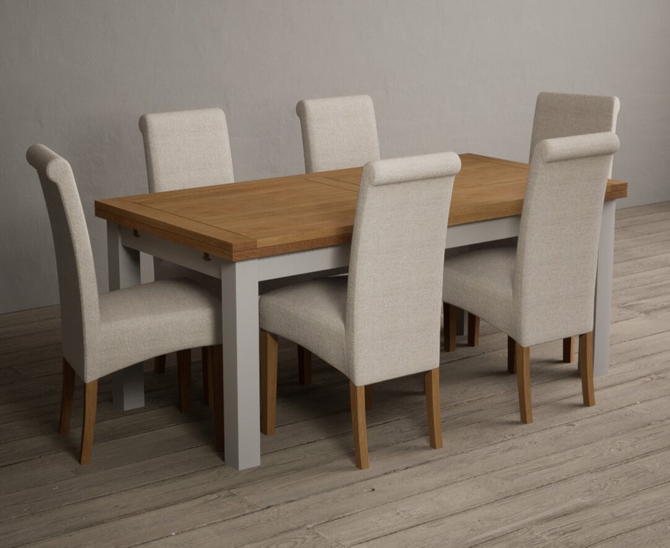 Photo of Extending buxton 180cm oak and soft white painted dining table with 10 natural scroll back chairs Photo of Extending buxton 180cm oak and soft white painted dining table with 10 natural scroll back chairs